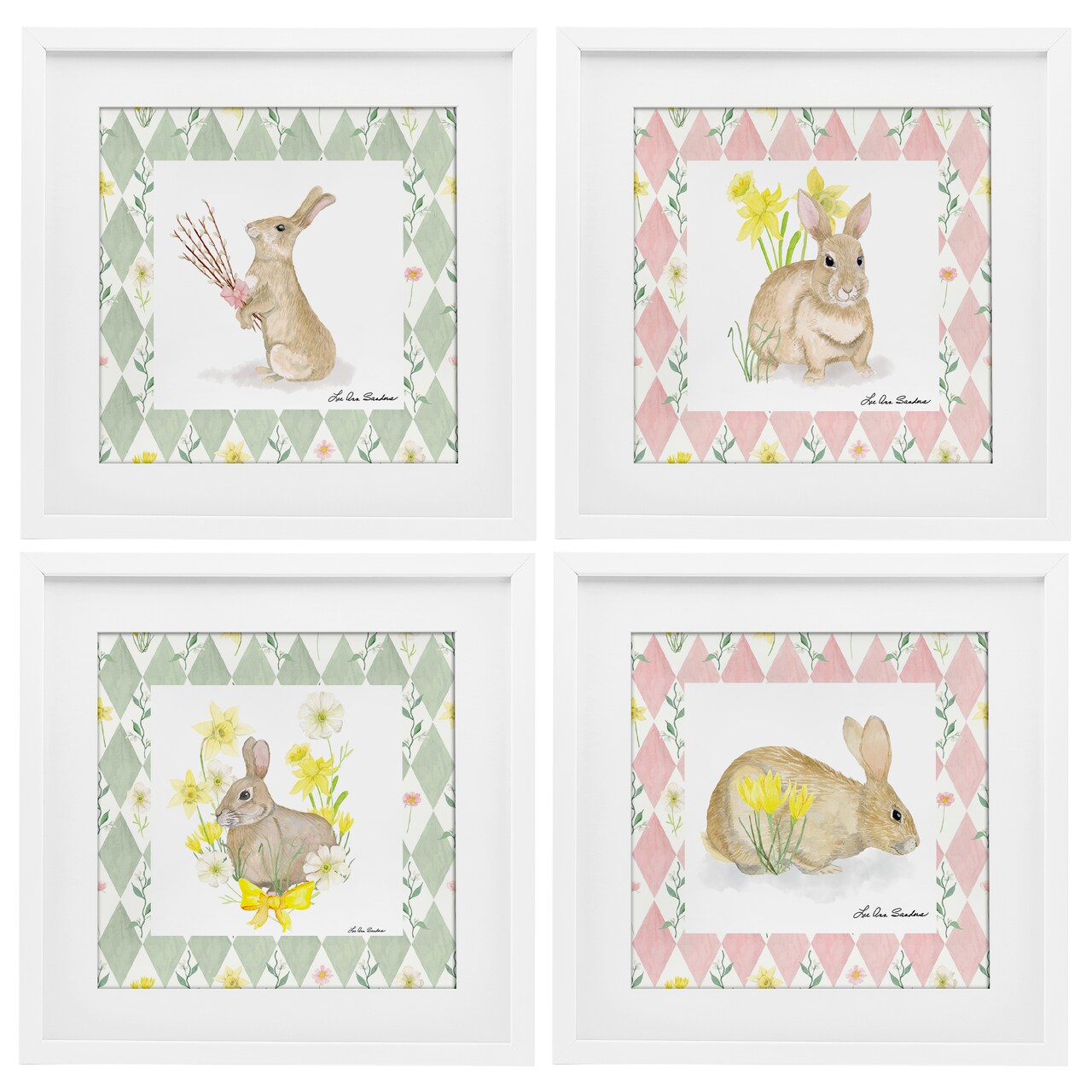 Stupell Industries Spring Bunnies on Argyle 4pc Framed Print Under Glass Set, design by Lee Ann Sanders